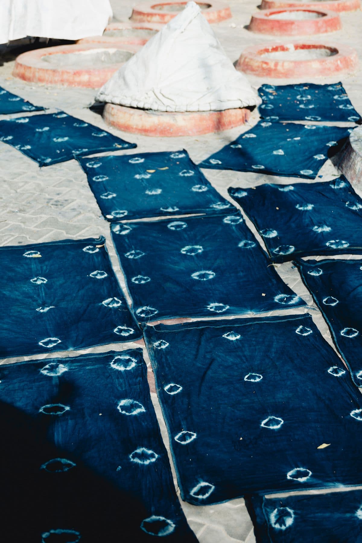Indigo-dyed cloth drying in the open air